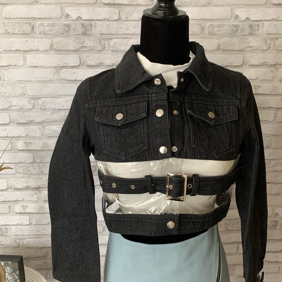#183 NWT BLK Crop Clear Denim Jacket Buckle Button - Picture 5 of 9